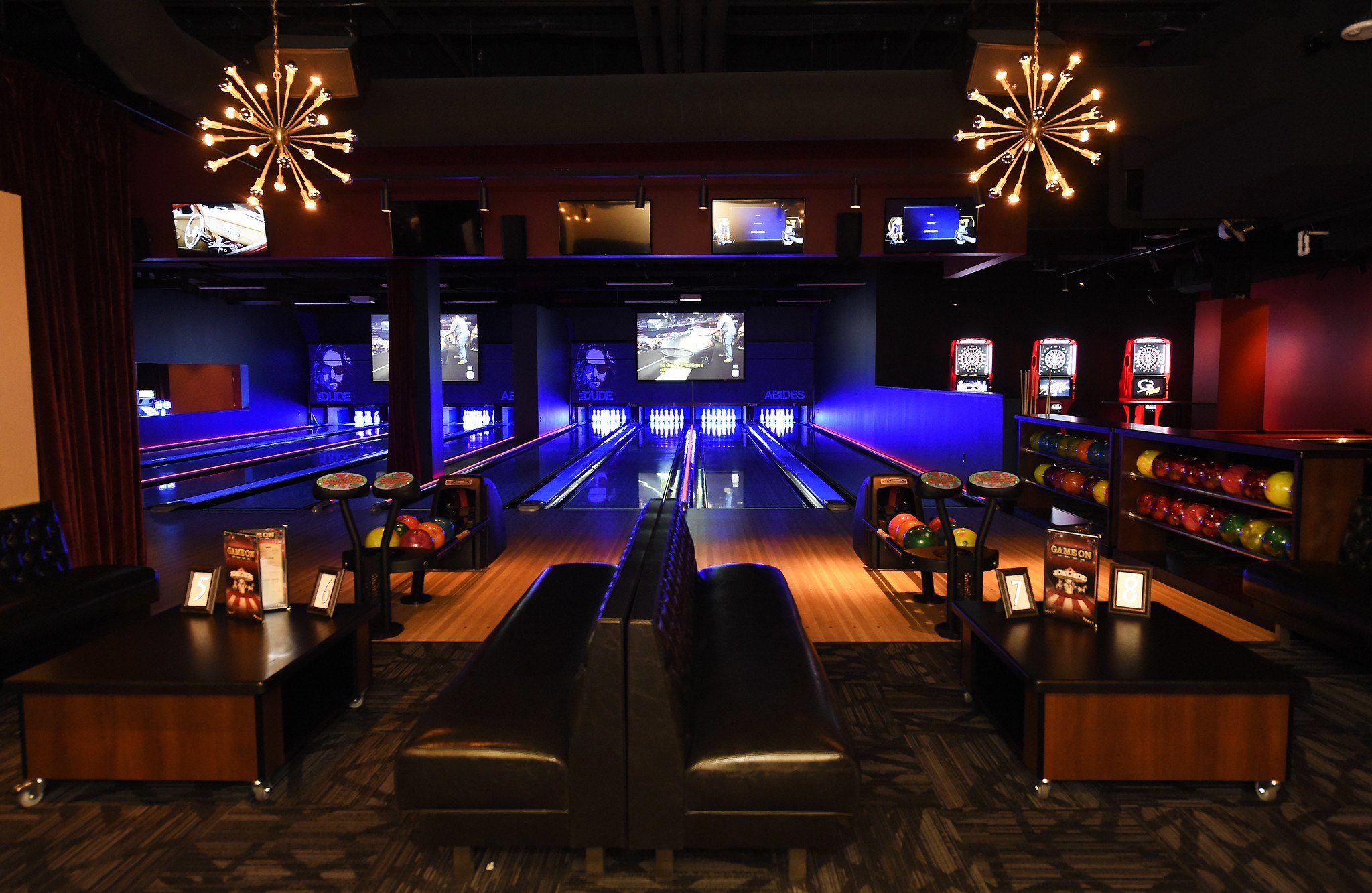 Game On Mohegan Sun: the bowling lanes under two starburst chandeliers