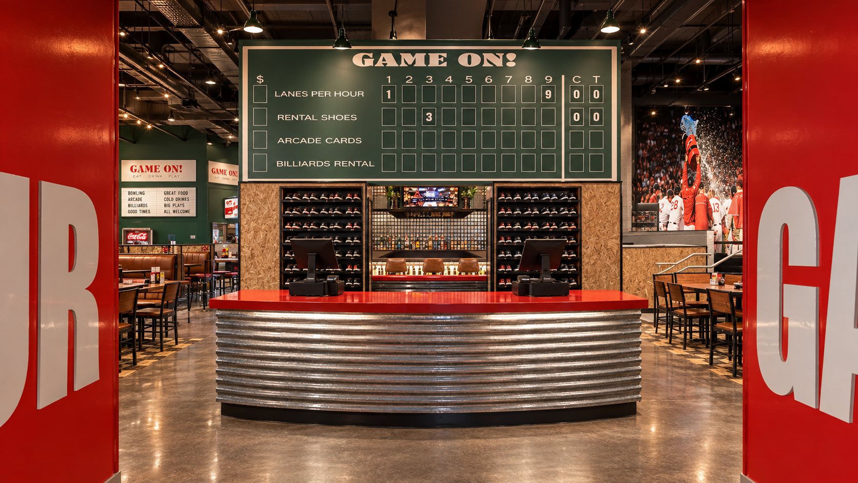 Concept rendering of the Game On Salem front desk: a red counter on corrugated steel under a chalkboard scoresheet